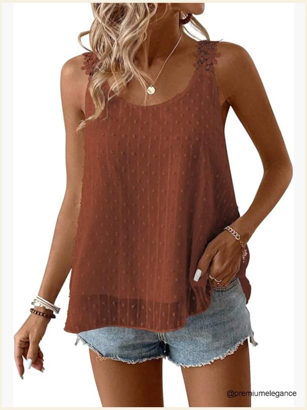 Flowy Sleeveless Lace Tank Top Boho Crewneck Blouse